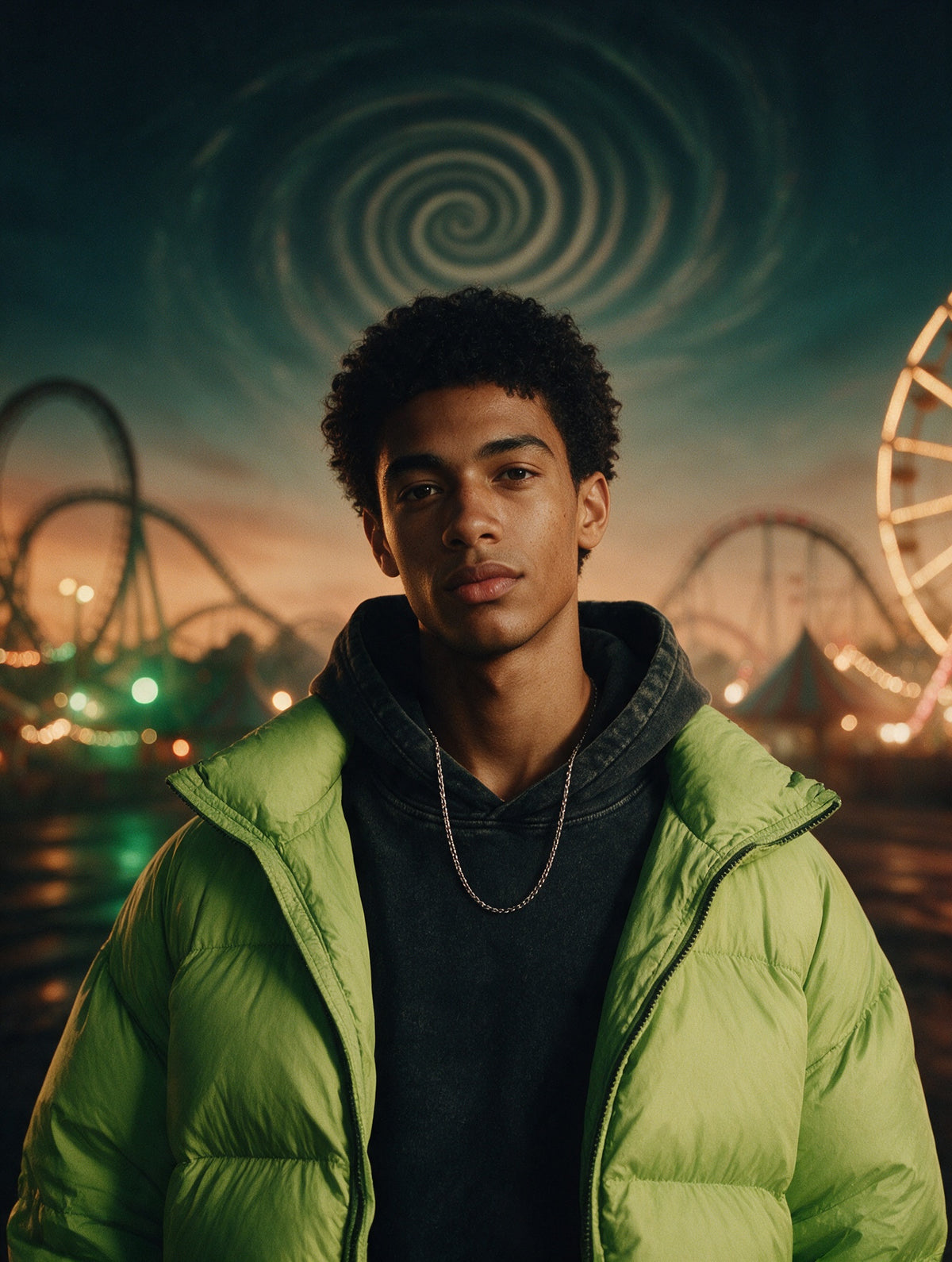 Retrato do modelo de jaqueta verde-limão com um espiral no céu do parque