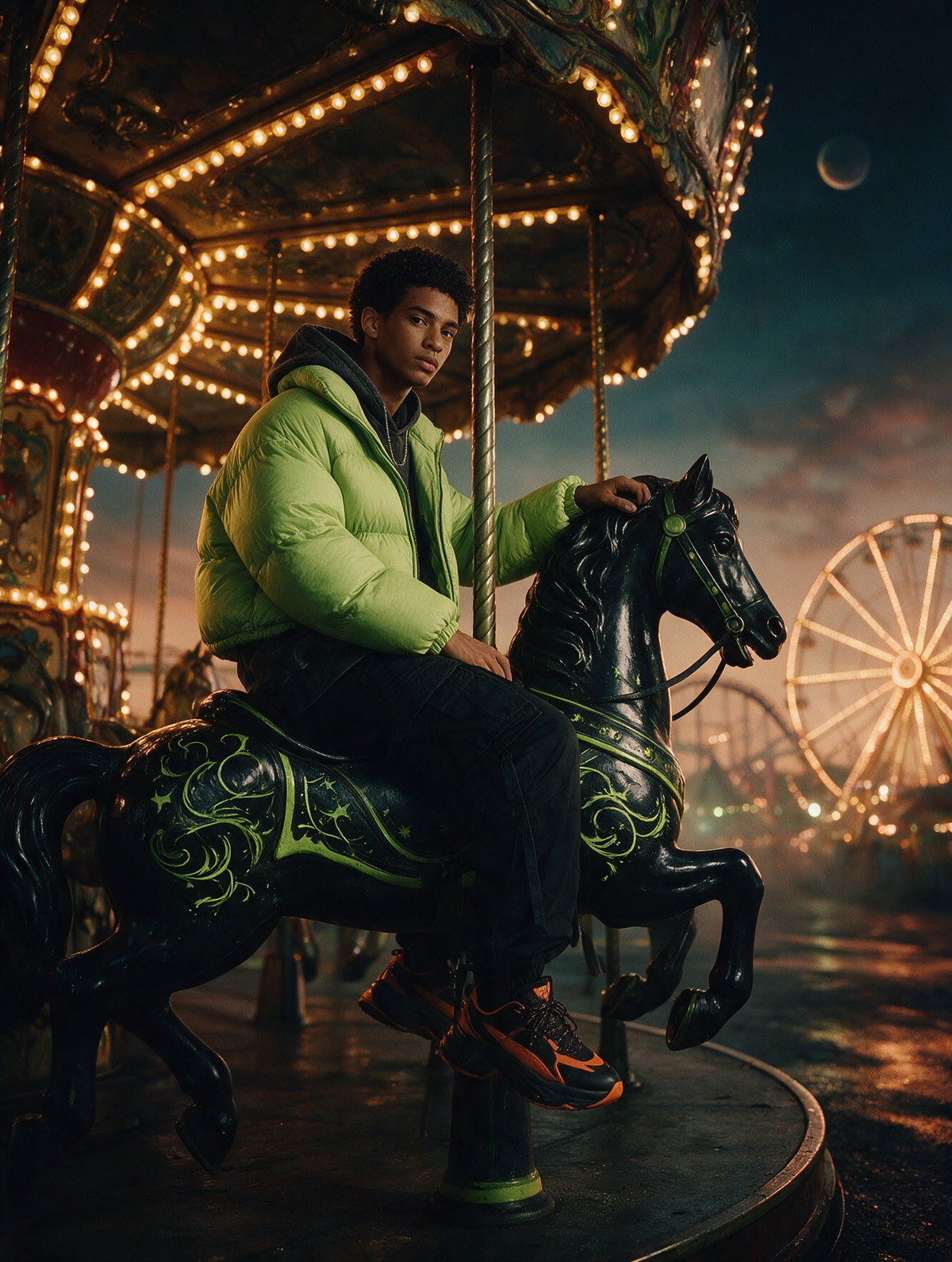 Modelo sentado num cavalo de carrossel preto e verde